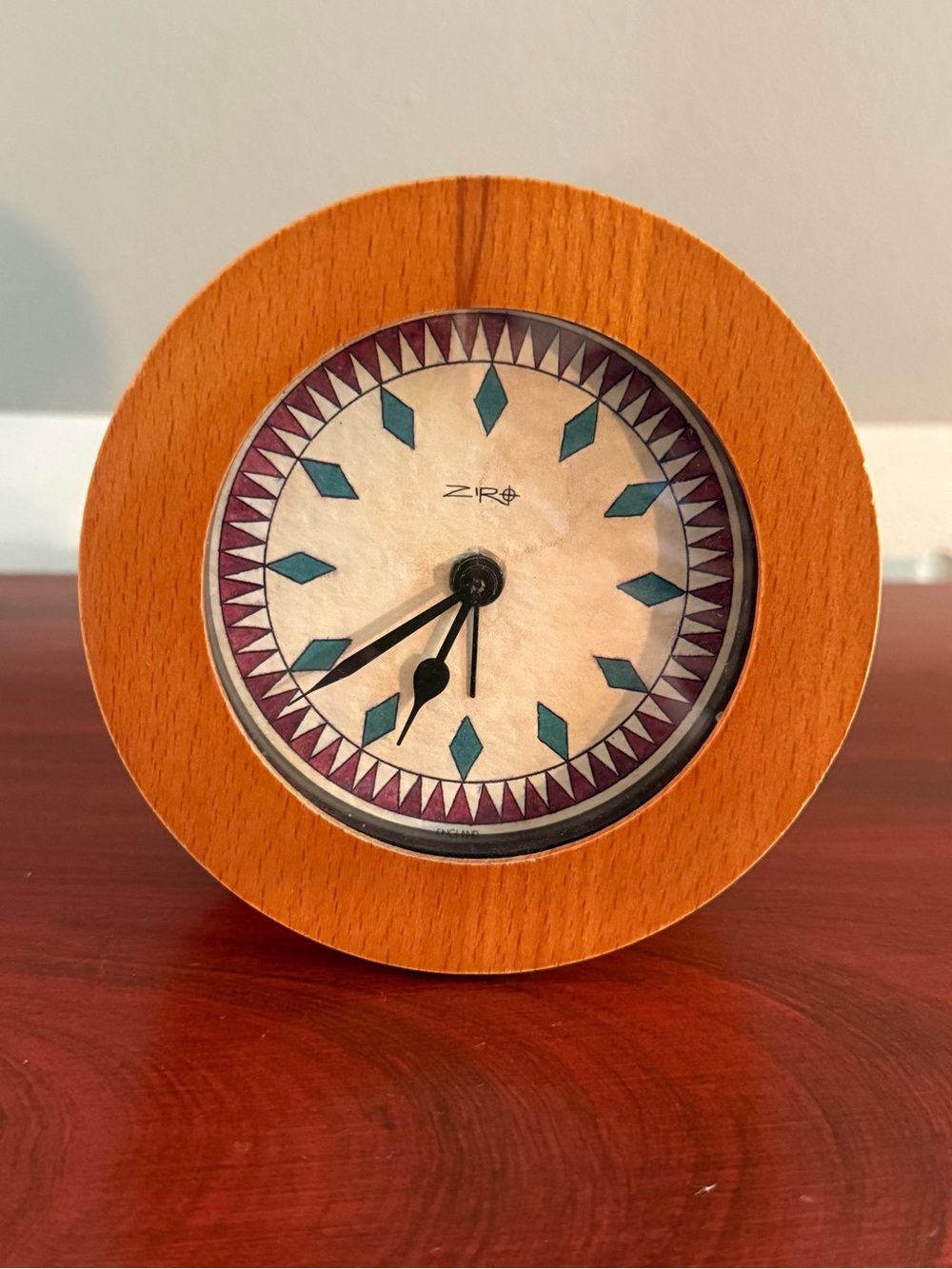 Vintage Wooden Round Table Alarm Clock with Teal &Purple Accents.Made in England